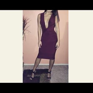 Sexy burgundy deep v neck dress.